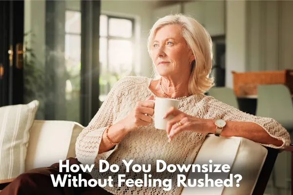 Homeowner calmly reflecting on downsizing decisions in a comfortable Austin home