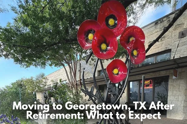 Red poppy sculpture in historic downtown Georgetown town square, a popular destination for retirees and downsizers near Austin