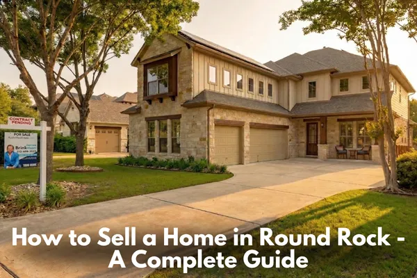 Round Rock Texas home with for sale sign and suburban neighborhood setting