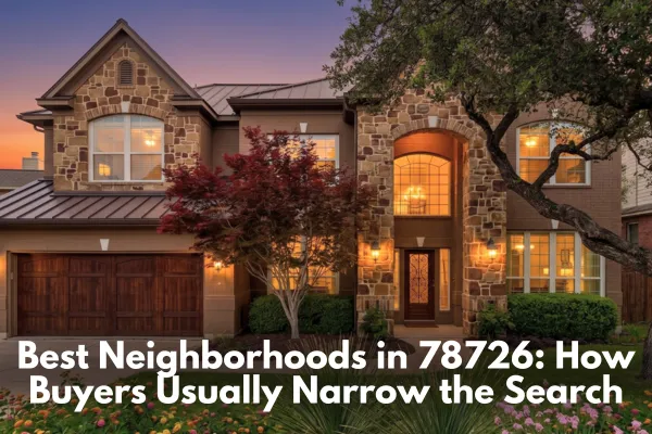 Austin zip code 78726 with nearby neighborhoods and search areas buyers often compare, including Canyon Creek, Estates of Brentwood, and River Place-adjacent pockets in the Northwest Austin area.