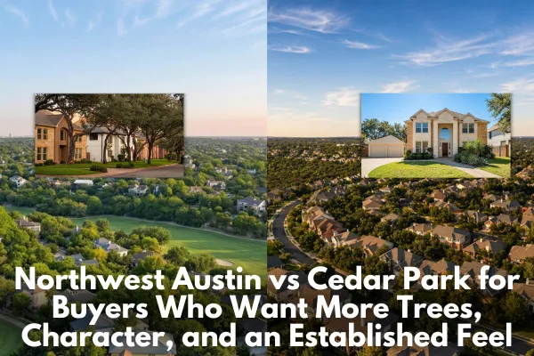 comparing Northwest Austin and Cedar Park neighborhoods buyers often consider when looking for more trees, character, and an established feel, including Northwest Hills, Great Hills, Spicewood/Balcones, Buttercup Creek, Forest Oaks, Twin Creeks, and Ranch at Cypress Creek.
