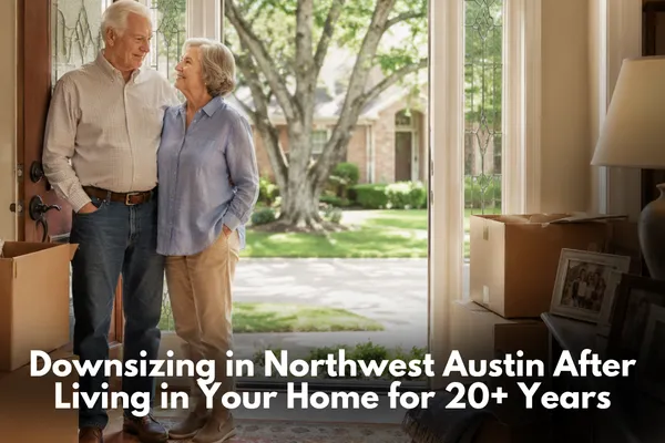 Warm lifestyle image showing an older couple preparing to downsize from a longtime Northwest Austin home after more than 20 years, with moving boxes, family photos, and mature trees outside.