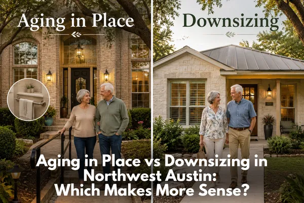 Comparison graphic showing aging in place versus downsizing in Northwest Austin, with themes of home safety, easier living, family proximity, maintenance, and long-term comfort.