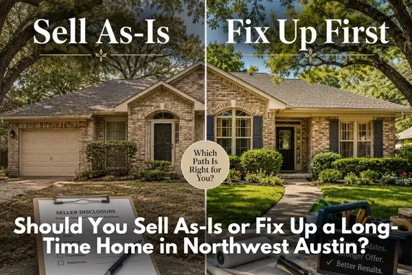 Split graphic comparing selling as-is versus fixing up a long-time Northwest Austin home, with themes of repairs, decluttering, buyer confidence, and smart pre-sale preparation.