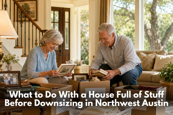 Warm lifestyle image of an older couple sorting belongings before downsizing from a longtime Northwest Austin home, with boxes labeled keep, family, donate, and discard.