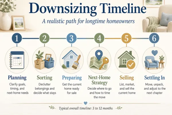 Timeline graphic showing how long downsizing can take in Austin, with phases for planning, decluttering, preparing the current home, finding the next home, selling, and settling in.