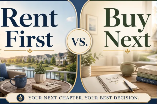 Split decision graphic comparing renting first versus buying the next home after selling a longtime Northwest Austin property, with themes of flexibility, timing, moving twice, and next-chapter planning.