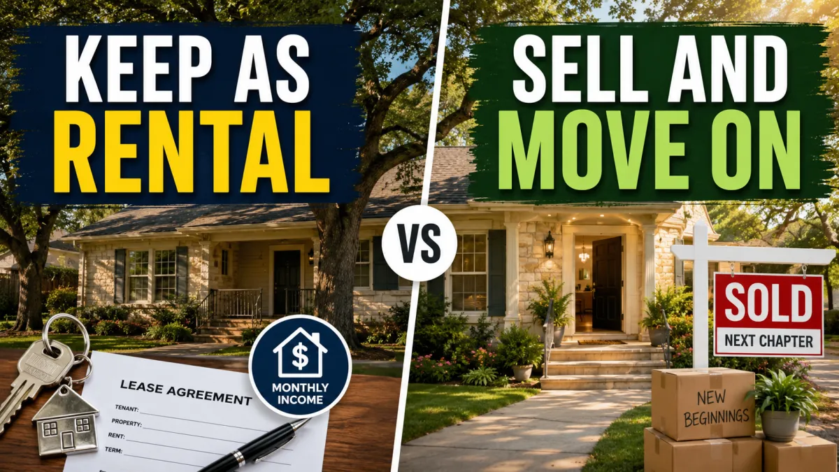 Split decision graphic comparing whether to keep a longtime family home as a rental or sell it, with themes of cash flow, repairs, taxes, property management, family expectations, and the next chapter.