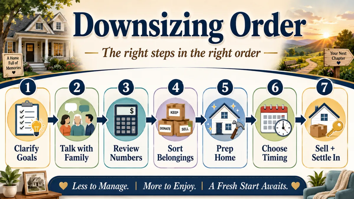 Step-by-step infographic showing the best order of steps for downsizing from a longtime home, including goals, family conversations, belongings, finances, home prep, sale timing, and settling into the next home.