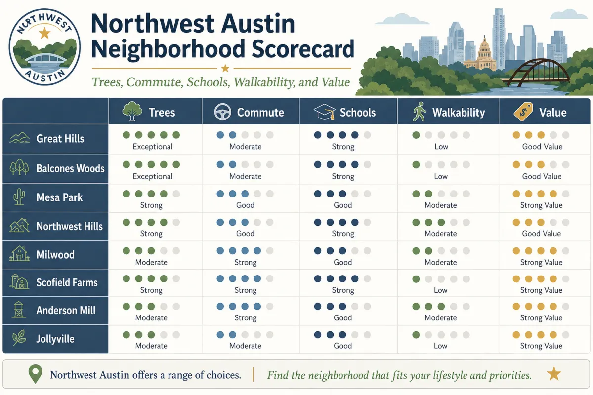 Northwest Austin Neighborhood Scorecard: Trees, Commute, Schools, Walkability, and Value