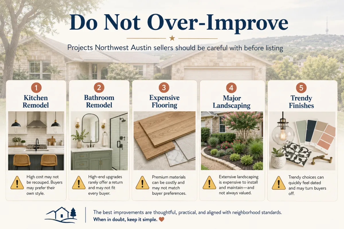 Clean graphic showing what Northwest Austin sellers should not over-improve before listing, including full kitchen remodels, bathroom remodels, expensive flooring, major landscaping, and trendy finishes.