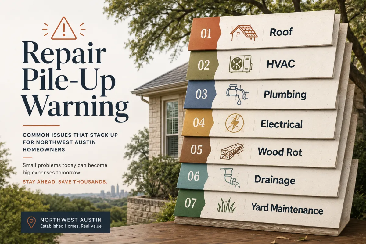 Repair pile-up warning graphic showing common Northwest Austin home maintenance issues like roof age, HVAC, plumbing, electrical, wood rot, drainage, and yard work, helping sellers decide whether to repair or sell.
