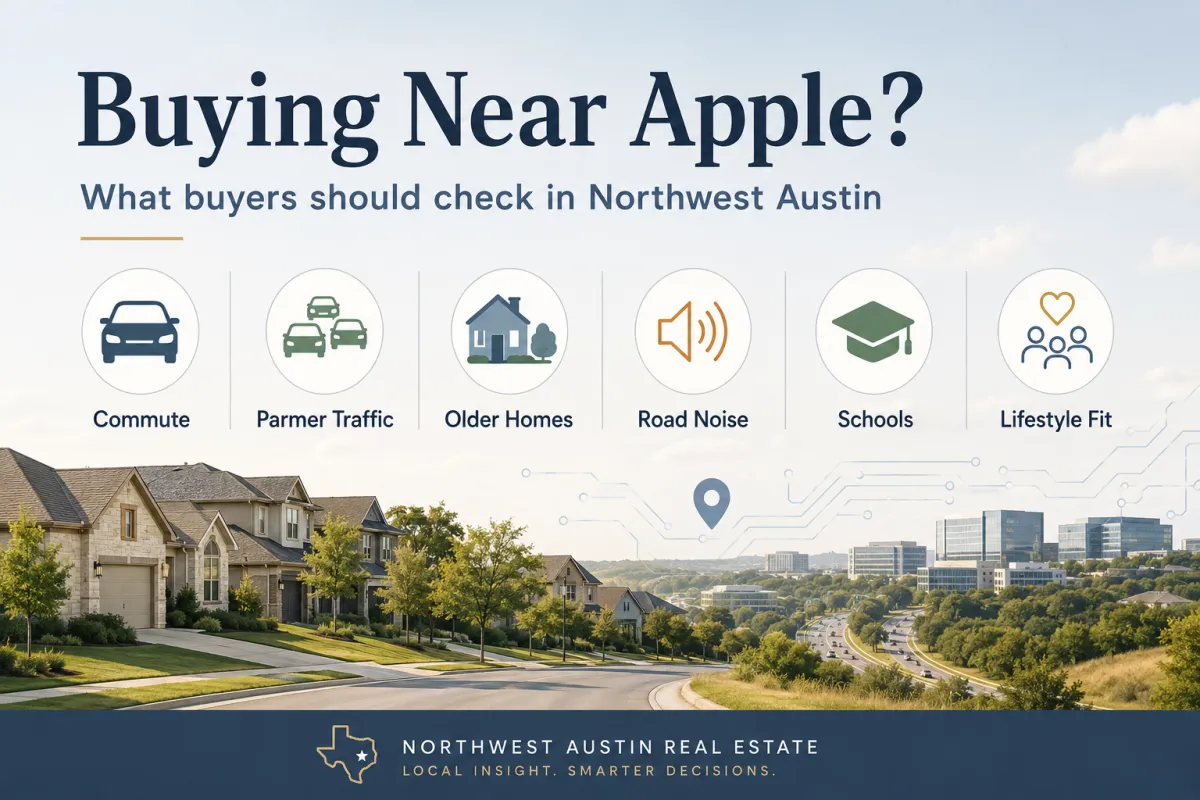 Clean graphic showing what buyers should know before buying near Apple in Northwest Austin, including commute, Parmer traffic, older homes, road noise, schools, Cedar Park, Round Rock, and lifestyle fit.