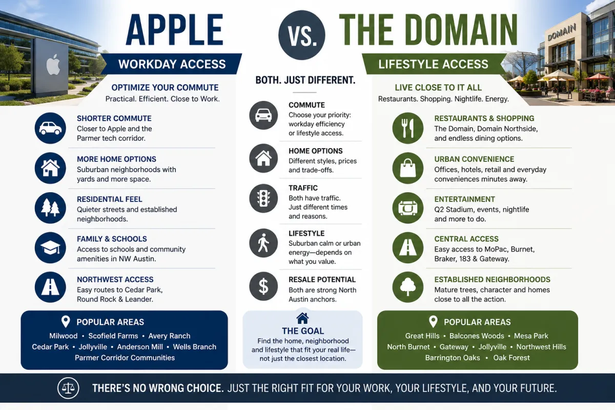 Split graphic comparing Apple and The Domain for North Austin tech buyers, with themes of commute, Parmer traffic, restaurants, shopping, nightlife, home options, walkability, road noise, and neighborhood fit.