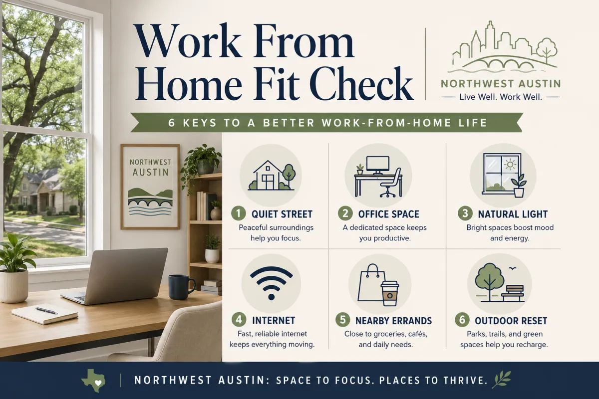 Clean graphic showing work-from-home buyer factors in Northwest Austin, including quiet streets, dedicated office space, natural light, internet setup, nearby errands, outdoor space, and neighborhood fit.