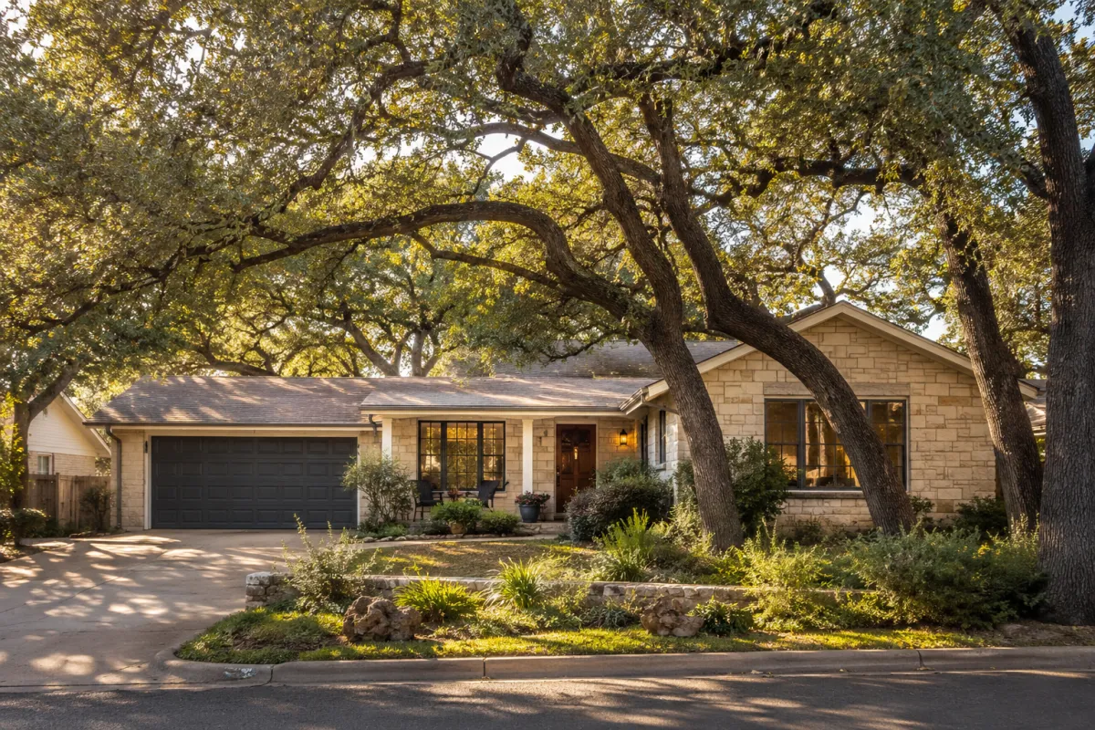 Warm lifestyle image of a one-story Northwest Austin home shaded by mature trees in an established neighborhood, representing easier living, long-term livability, mature tree canopy, and neighborhood character.