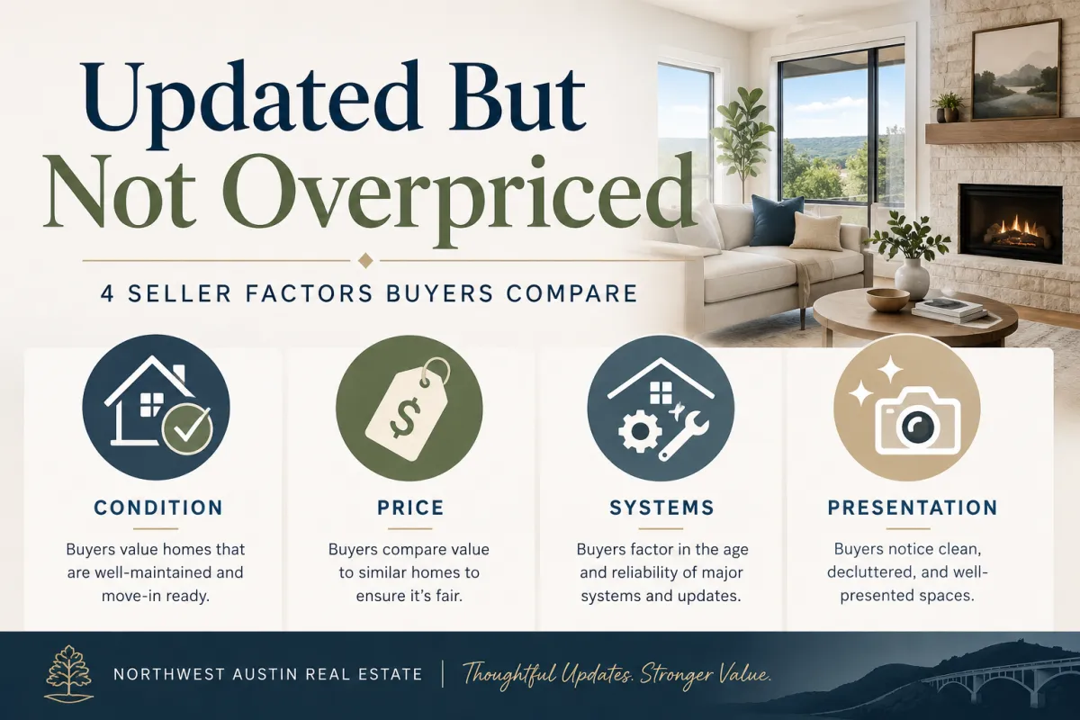 Clean graphic showing what Northwest Austin sellers should know about buyers who want updated but not overpriced homes, with factors like condition, price, systems, presentation, and buyer confidence.