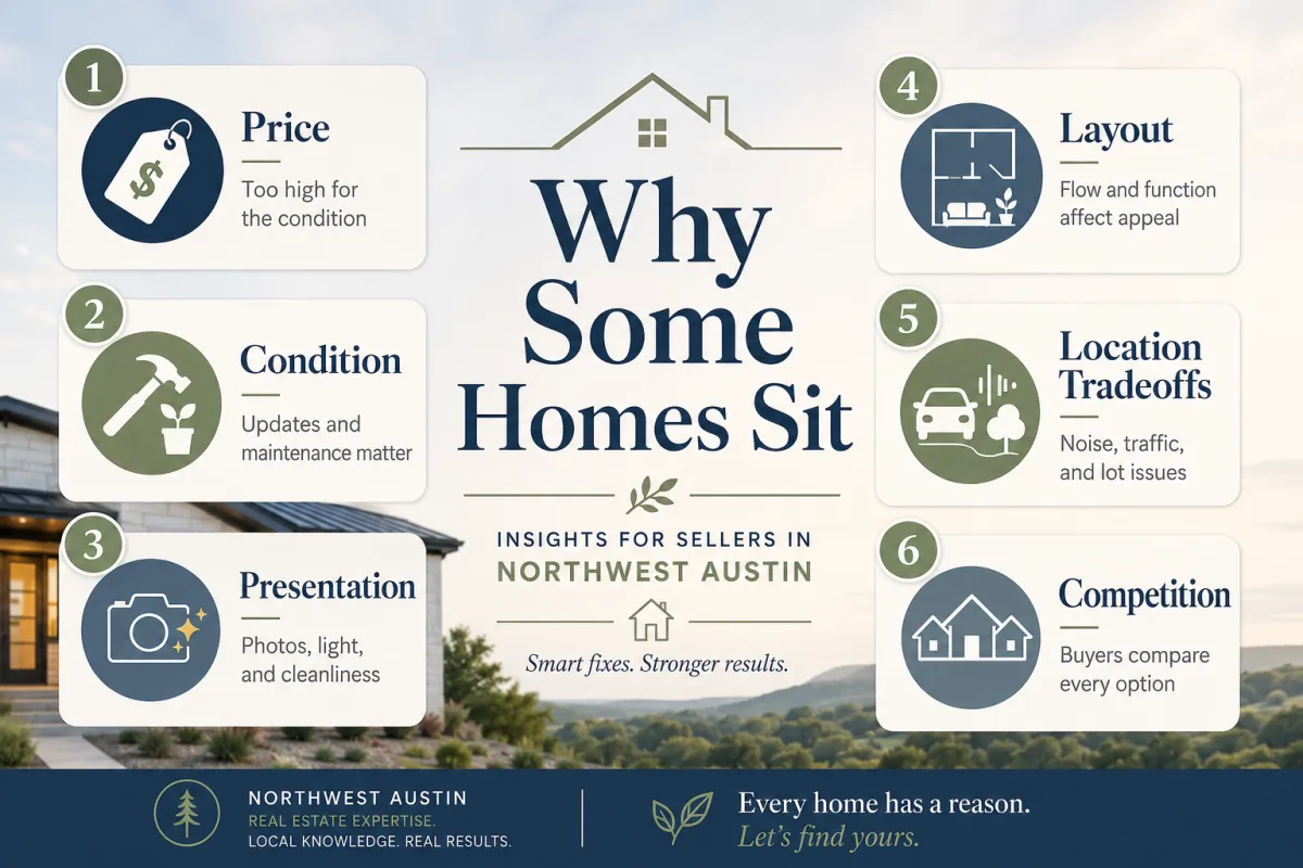 Clean graphic showing why some Northwest Austin homes sit while others still sell, with factors like price, condition, presentation, layout, location tradeoffs, buyer expectations, and competition.