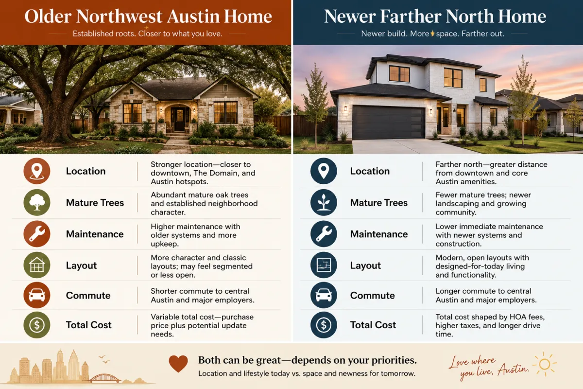 Split graphic comparing an older Northwest Austin home with mature trees and character versus a newer home farther north with modern layout and newer systems, showing buyer tradeoffs around location, maintenance, commute, taxes, and lifestyle.