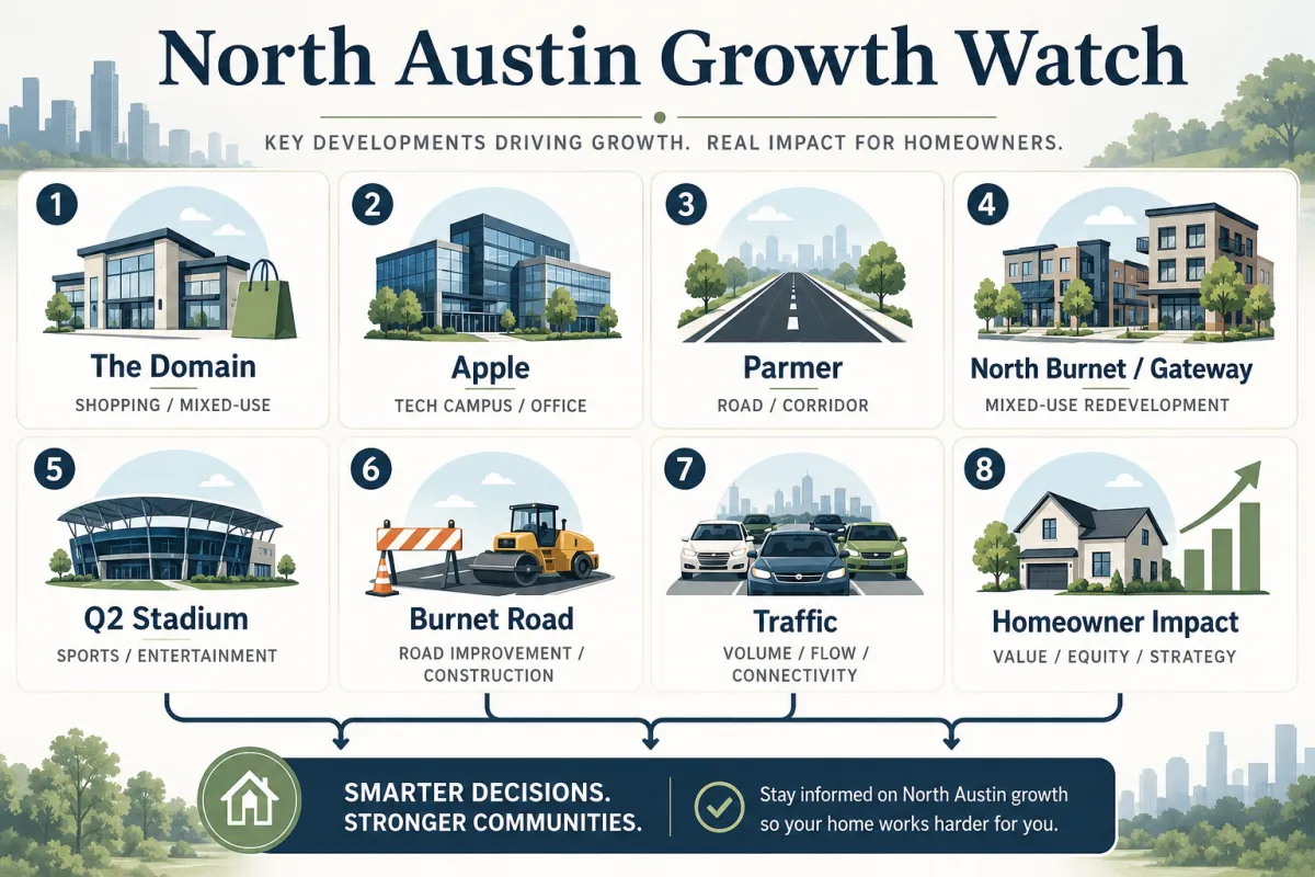 Clean graphic showing North Austin growth factors affecting homeowners near The Domain, Apple, and Parmer, including North Burnet/Gateway redevelopment, Q2 Stadium, Burnet Road changes, traffic, density, buyer demand, and selling strategy.