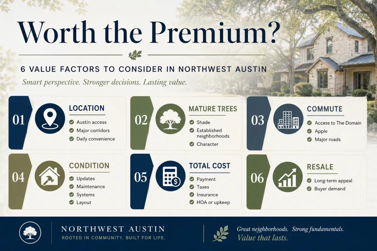 Clean graphic showing whether Northwest Austin is worth the premium, comparing location, mature trees, commute, home condition, total cost, resale value, and lifestyle fit.