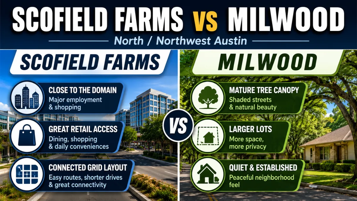 Side-by-side comparison of Scofield Farms and Milwood neighborhoods in North Austin showing key lifestyle and location differences for buyers