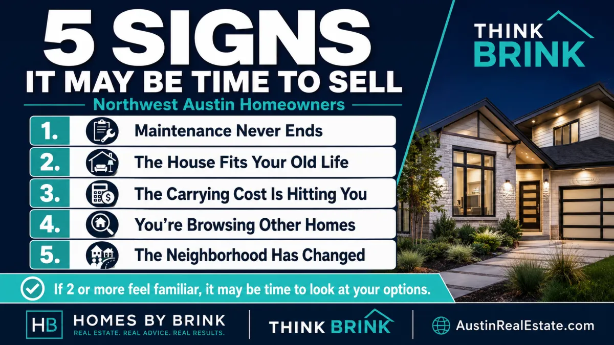 Five signs it may be time to sell your Northwest Austin home graphic covering maintenance lifestyle carrying costs browsing and community connection for homeowners in 78750 and 78759