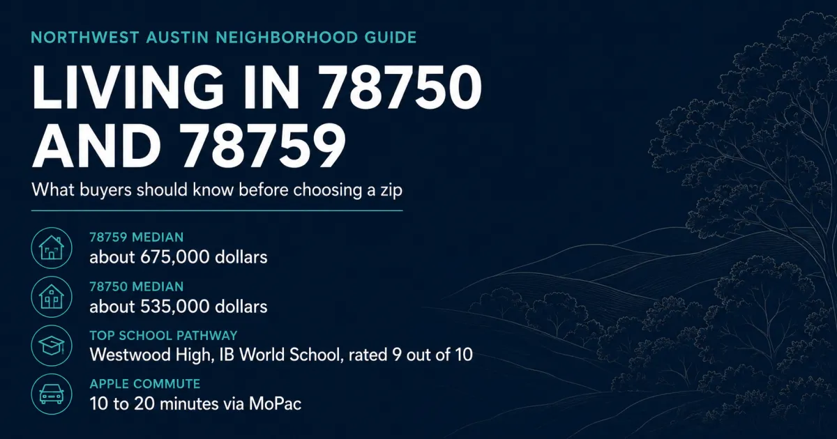 Living in 78750 and 78759 Northwest Austin neighborhood guide card showing the Round Rock ISD Westwood High feeder pattern, the Apple Parmer Lane commute off MoPac, and the price gap between the two zip codes