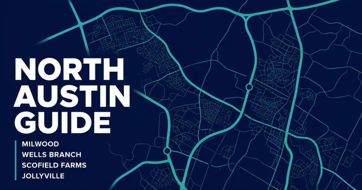 Map-style overview of North Austin tech corridor neighborhoods between MoPac, US 183, and Parmer Lane, including Milwood, Wells Branch, Scofield Farms, and the Apple campus