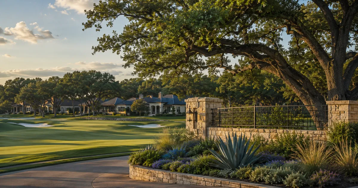 Established Northwest Austin country club neighborhood with a golf course, mature trees, and gated entrance, illustrating what buyers should know about HOA dues, deed restrictions, and club membership.