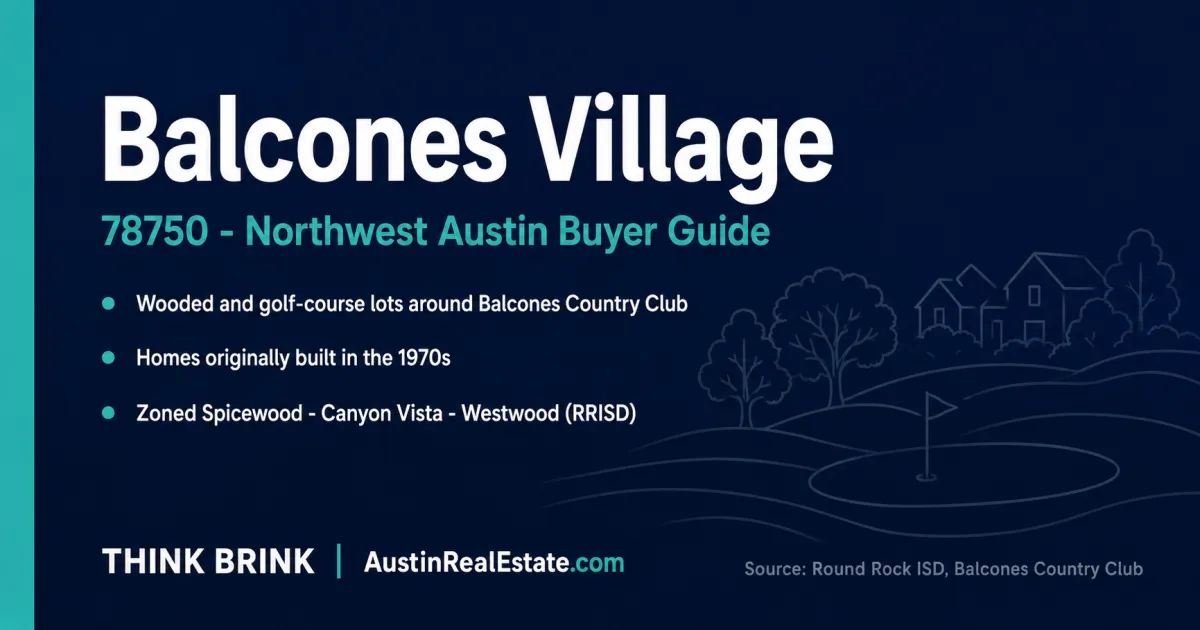 Balcones Village 78750 buyer guide: wooded and golf-course homes around Balcones Country Club in Northwest Austin, zoned Spicewood Elementary, Canyon Vista, and Westwood in Round Rock ISD.