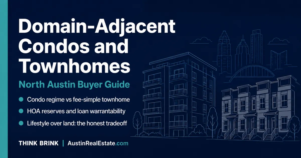 Domain-adjacent condos and townhomes buyer guide: attached homes near North Burnet and the Domain in North Austin, with notes on HOA fees, warrantability, and resale.
