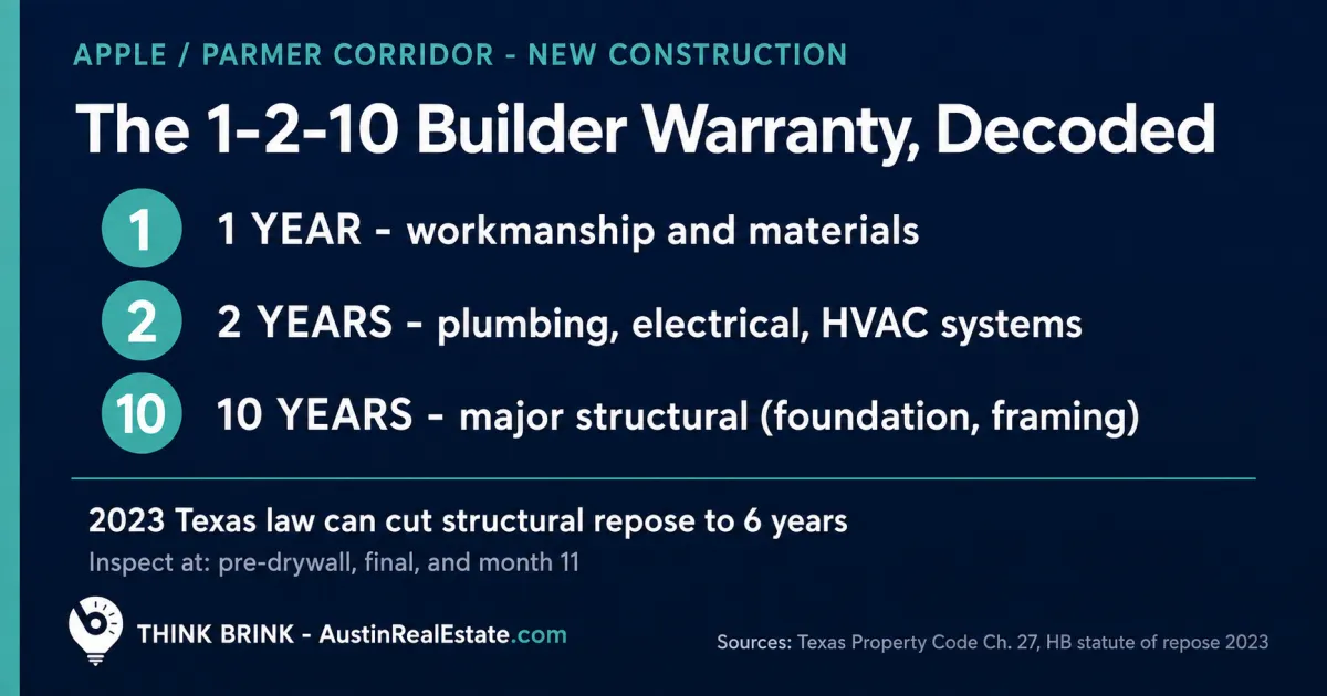 Checklist-style fact card on Texas new construction builder warranties in the Apple Parmer corridor, showing the 1-2-10 warranty tiers, the 2023 statute of repose change to six years, and the three inspection windows buyers should use before closing