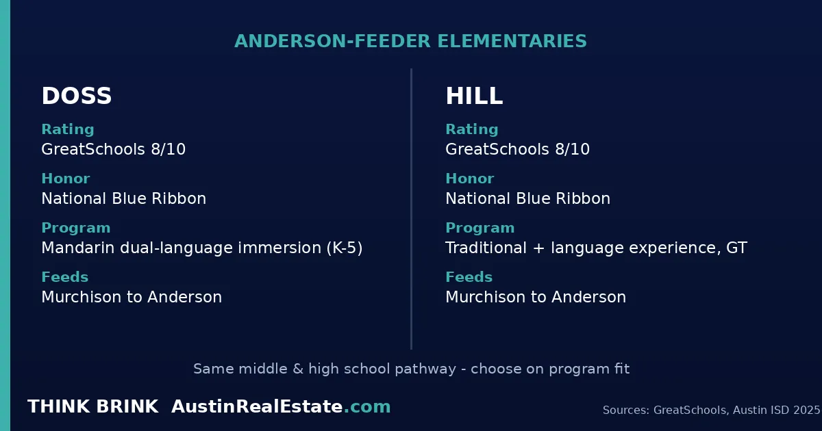 Think Brink comparison fact card contrasting Doss Elementary Mandarin dual language and Hill Elementary traditional program, both National Blue Ribbon Anderson feeders, navy and teal background