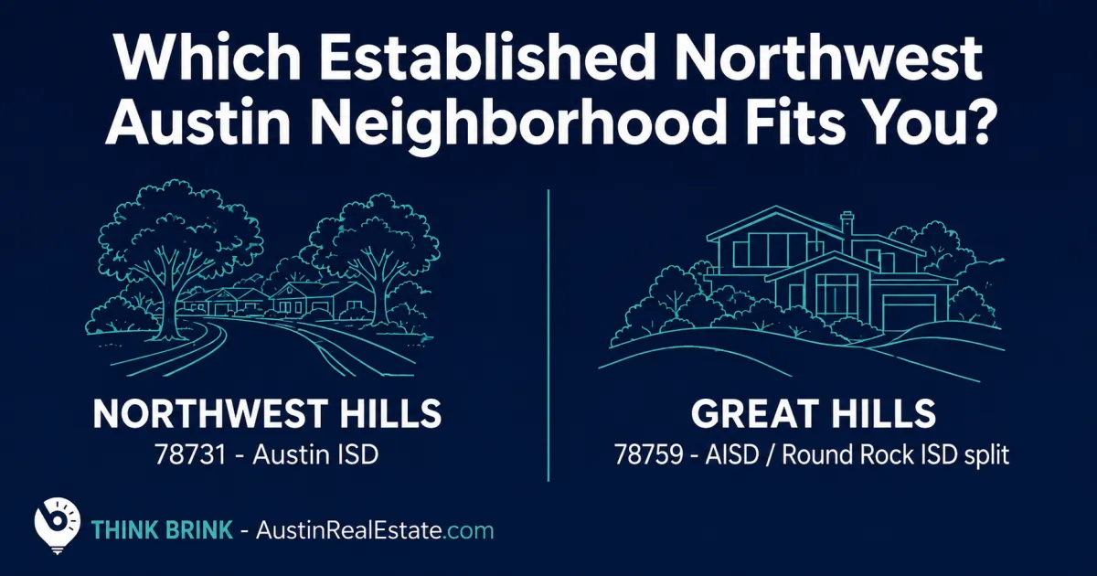 Side-by-side comparison of the Northwest Hills and Great Hills neighborhoods in Northwest Austin, showing established tree-lined streets and hillside homes.