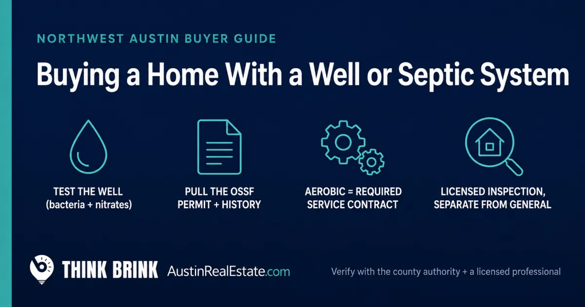 Think Brink fact card on buying a Northwest Austin home with a private well or septic system: OSSF permit and inspection, aerobic versus conventional septic annual costs, and well testing considerations.