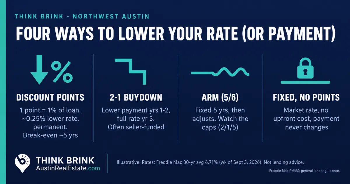 Think Brink fact card comparing mortgage discount points, a 2-1 temporary buydown, and an ARM against a plain fixed-rate loan for Northwest Austin buyers, with break-even math