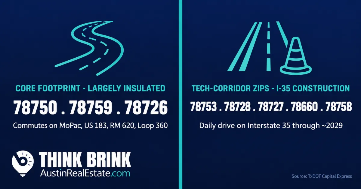 Navy and teal Think Brink fact card on what the I-35 Capital Express project means for Northwest Austin commutes by ZIP: the core 78750, 78759, and 78726 commute on MoPac, US 183, RM 620, and Loop 360 and are largely insulated, while the tech-corridor ZIPs on I-35 feel the construction.
