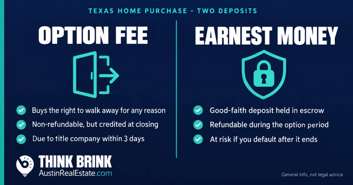 Navy and teal Think Brink fact card contrasting the two Texas home-purchase deposits: the option fee, which buys the unrestricted right to terminate during the option period and is non-refundable but credited at closing, and the earnest money, a refundable good-faith deposit held in escrow.