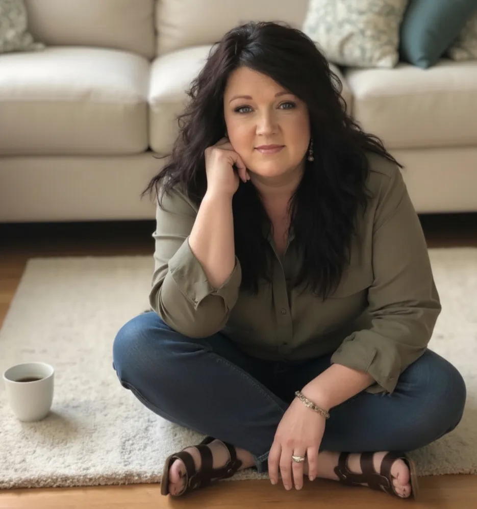 Woman sitting in living room floor