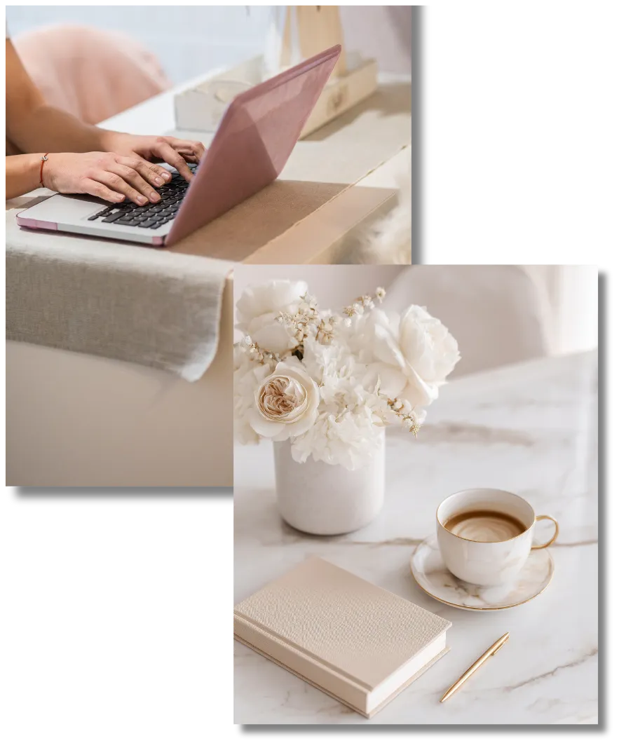 an image of woman working at a laptop and another image of a countertop with flowers, latte, and journal