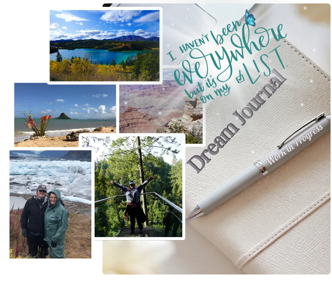 an image of woman working at a laptop and another image of a countertop with flowers, latte, and journal