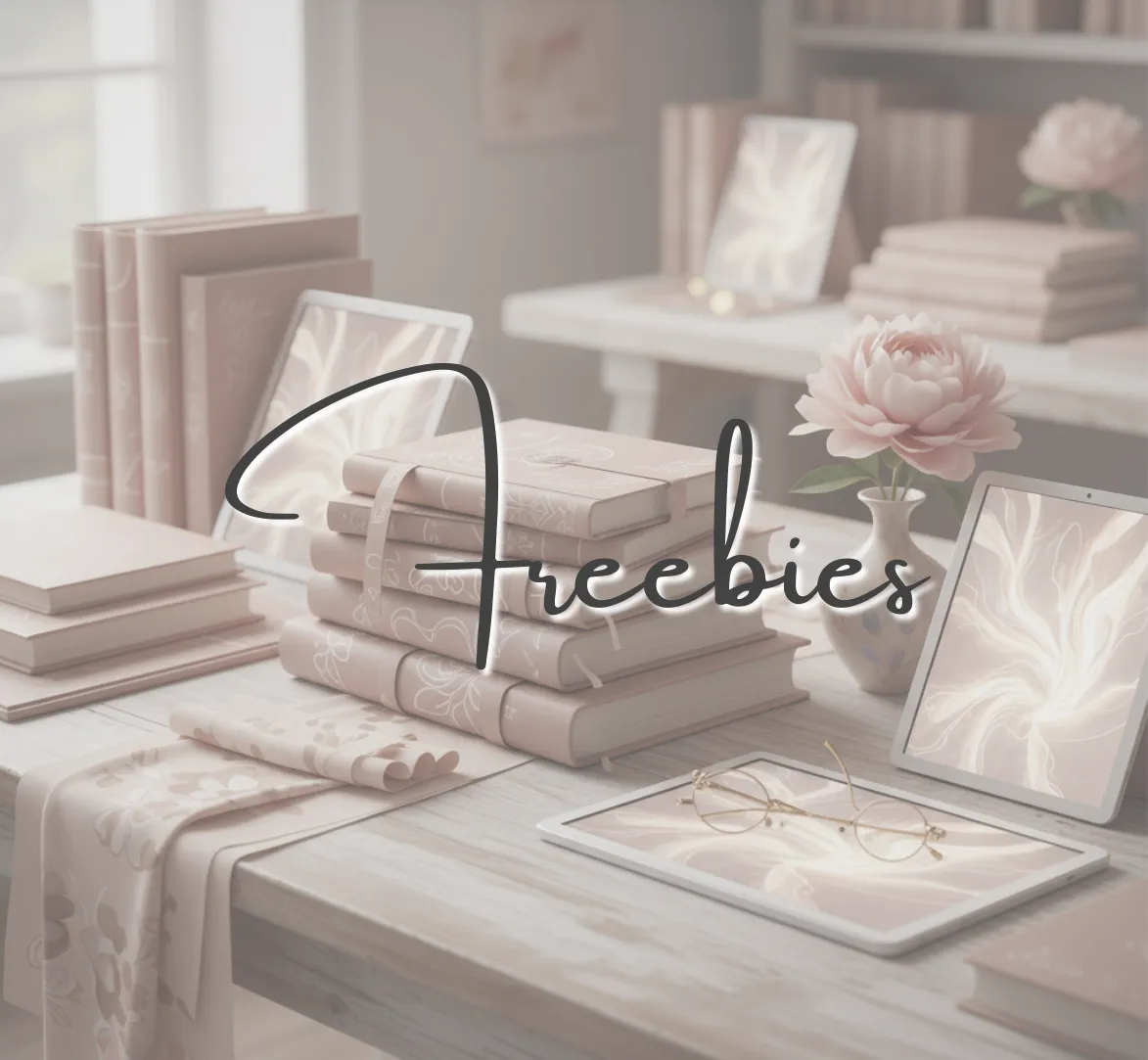 desktop with stack of books and tablet in neutral and blush colors