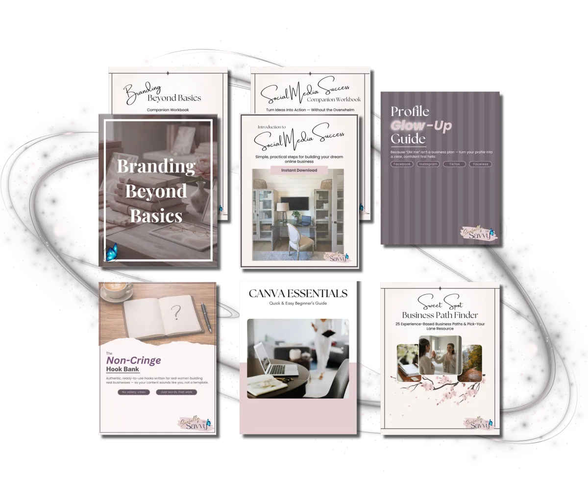 desktop with stack of books and tablet in neutral and blush colors