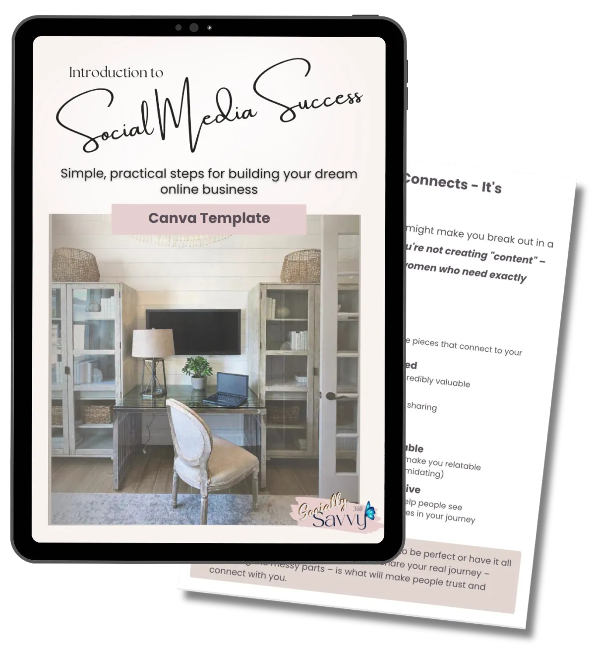 desktop with stack of books and tablet in neutral and blush colors