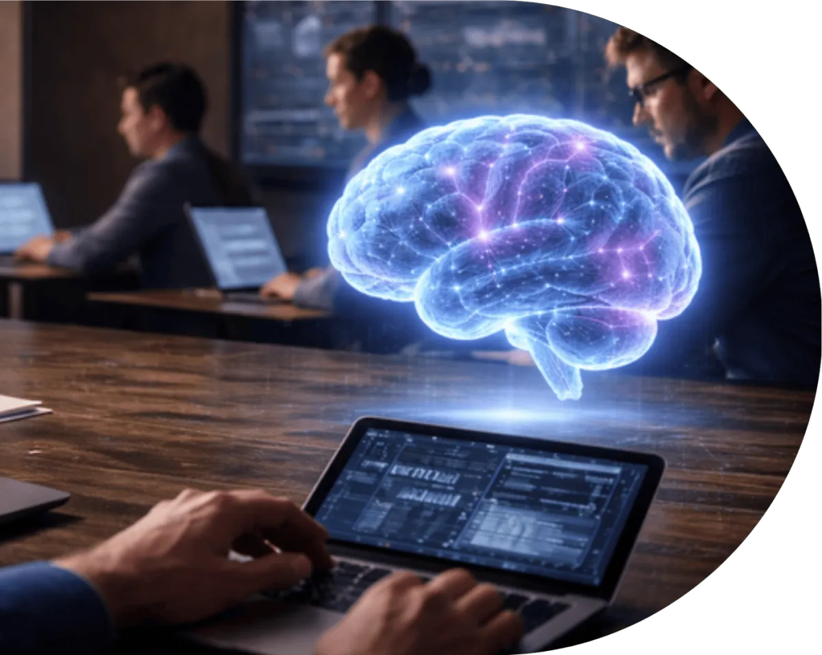 A glowing brain hologram above a laptop in a meeting room