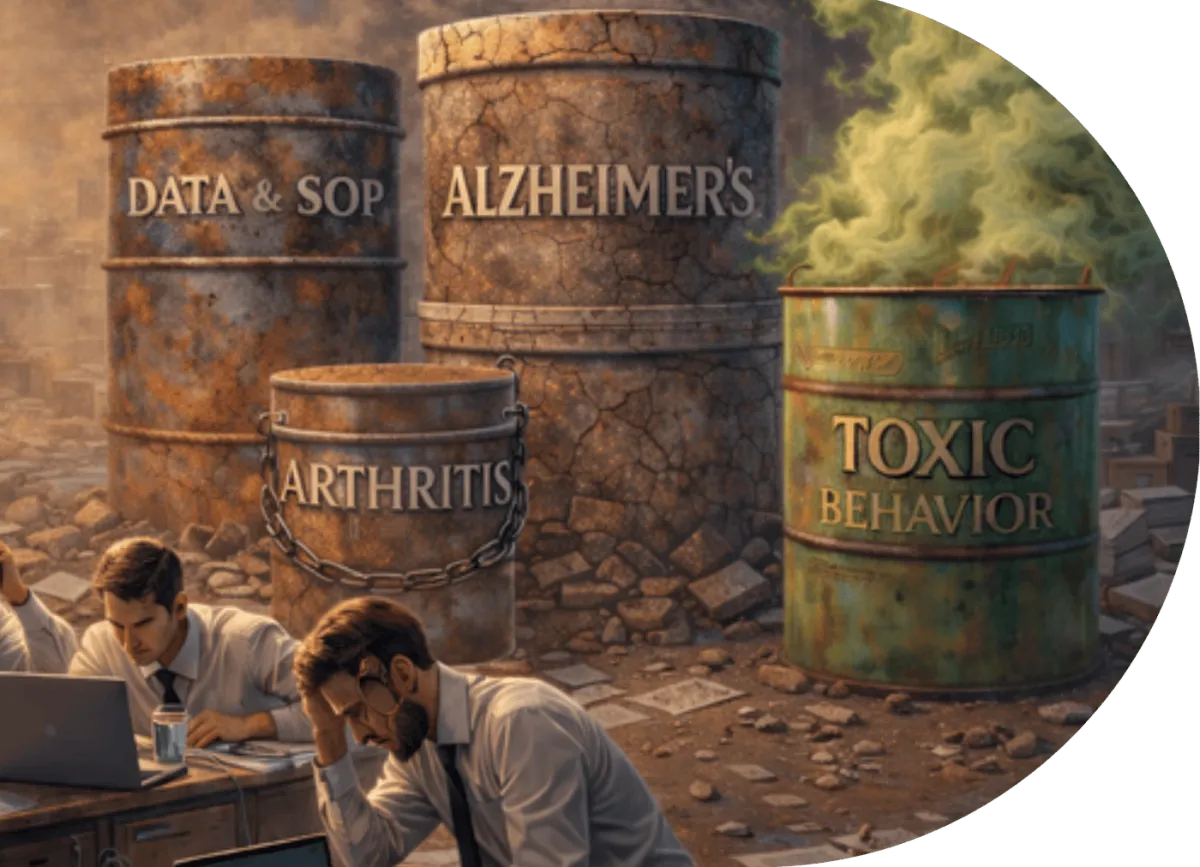 Rusted barrels labelled arthritis, Alzheimer's and toxic behaviour beside dejected office workers
