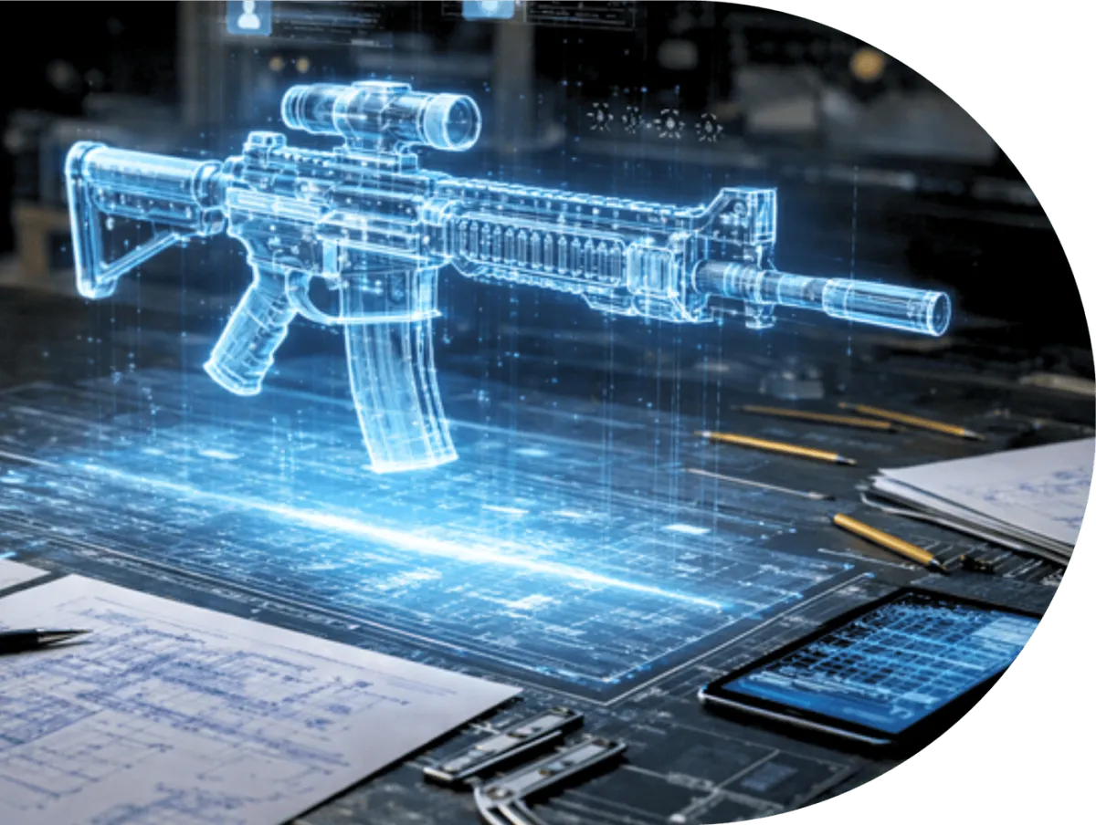 A holographic blue wireframe hovering above blueprints and a tablet