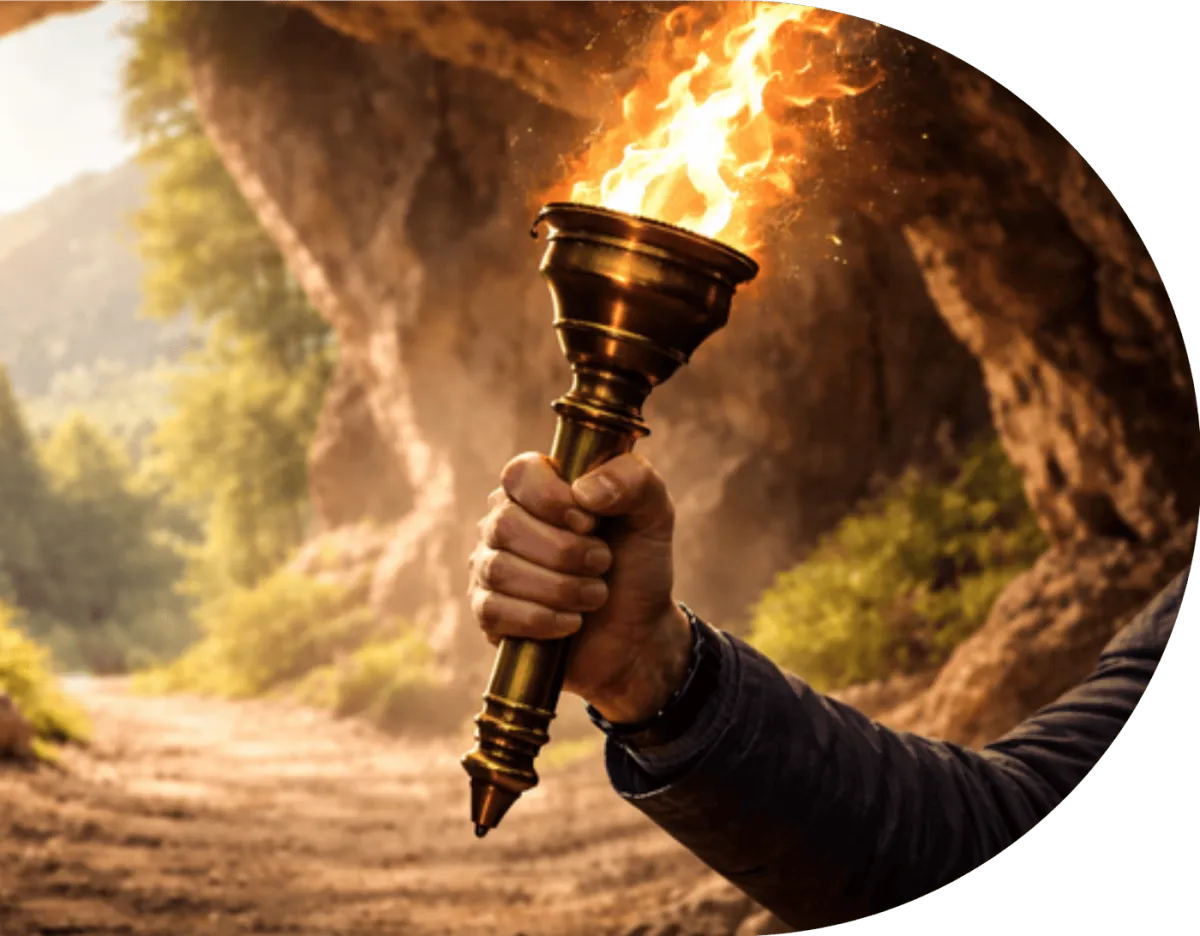 A hand raising a burning torch on a mountain path