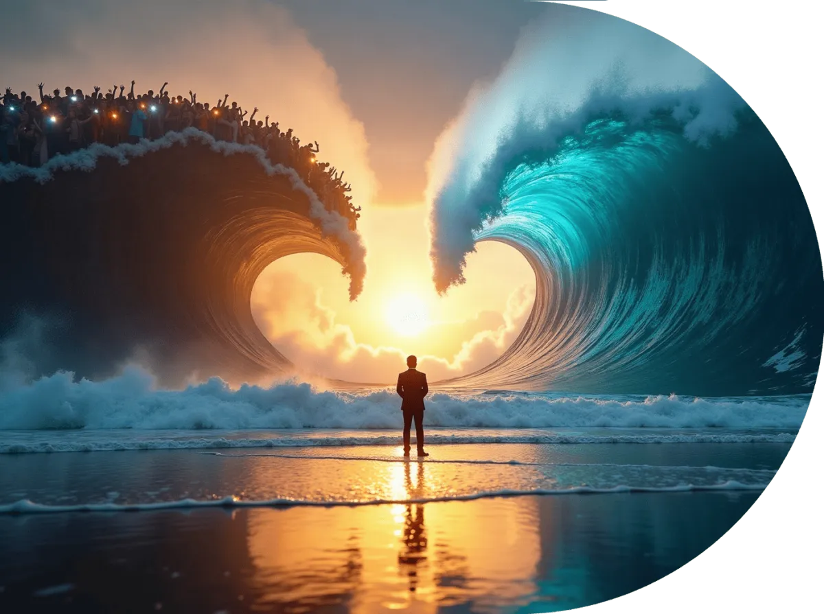 A lone figure facing two converging waves, one of people and one of light